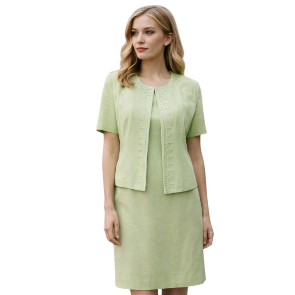 Jessica Howard Petite Linen Blend 2-Piece Embroidered Suit – 12P
